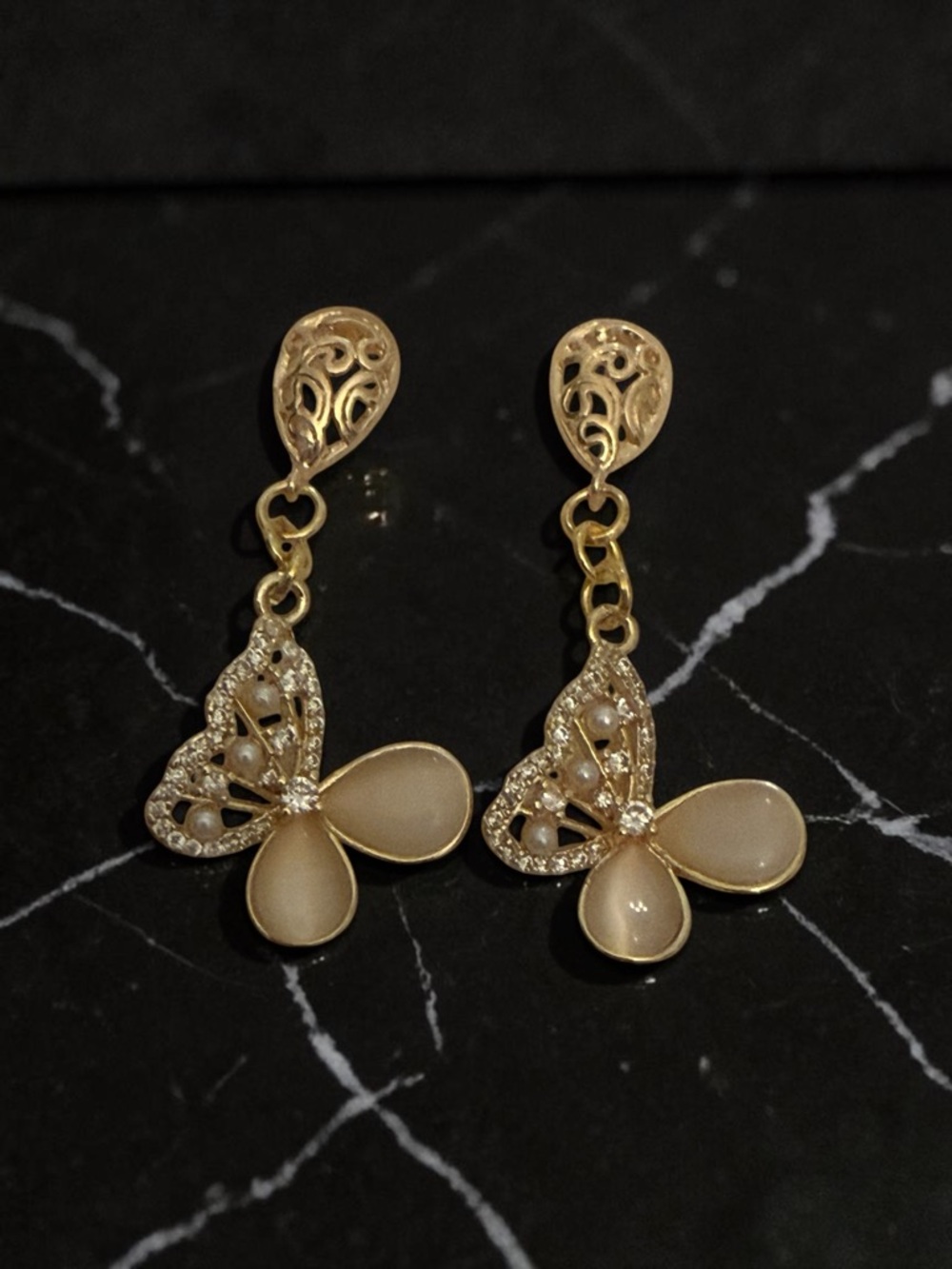 Gold Tone & pearl Butterfly Drop Earrings - Women Jewelry